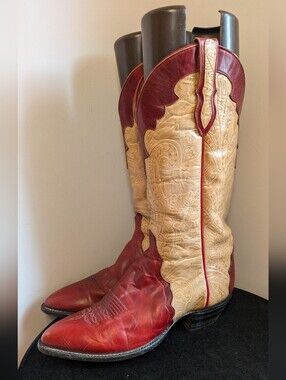 Vintage 1990's Larry Mahan Two-Tone Red and Tan Leather Western Cowboy Boots 7.5